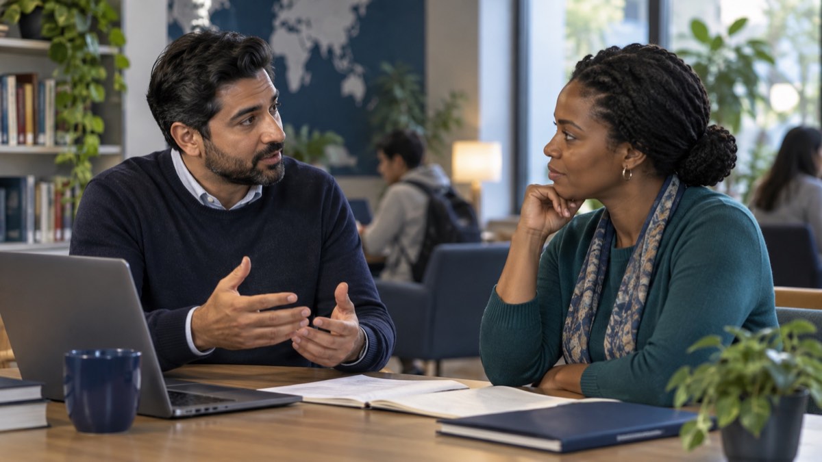 Two people discussing study options at a table with drinks.