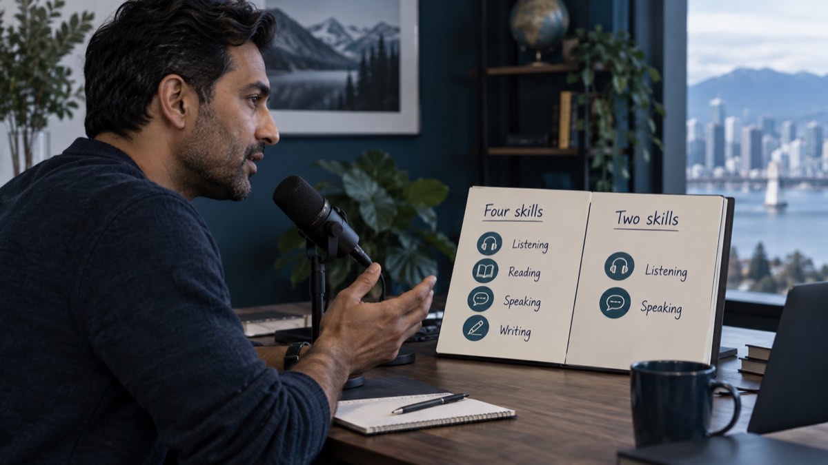A student speaking into a microphone while practising at a desk.