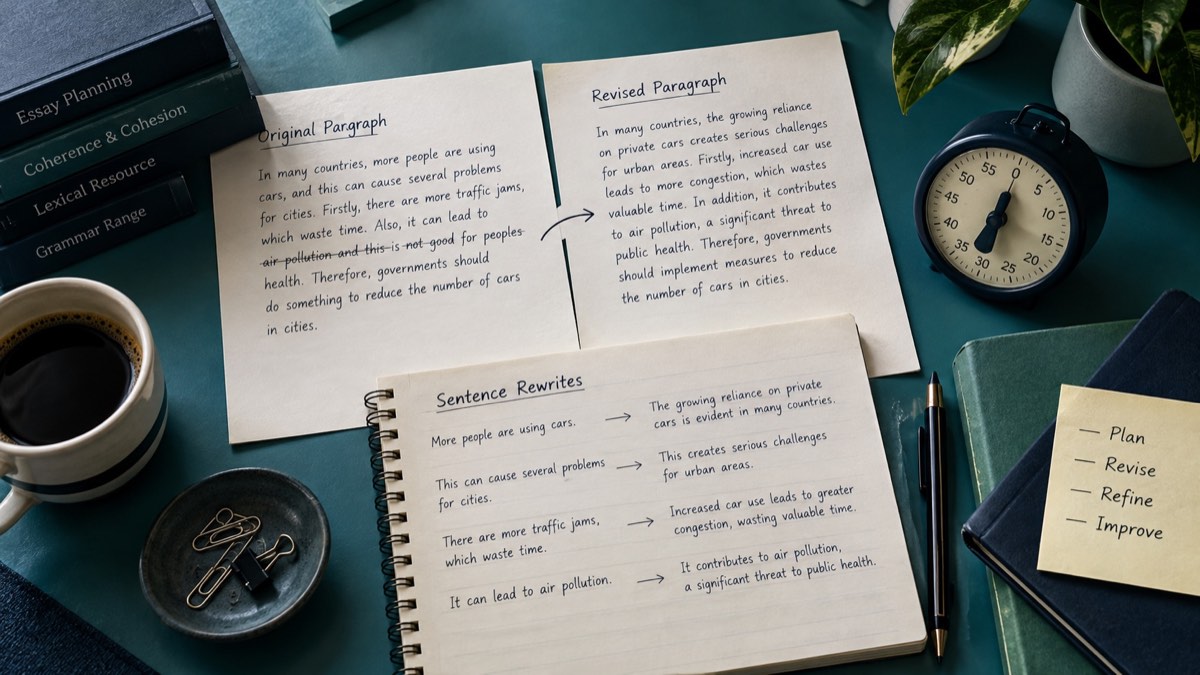 An open planner showing a written study list beside a pen and clock.