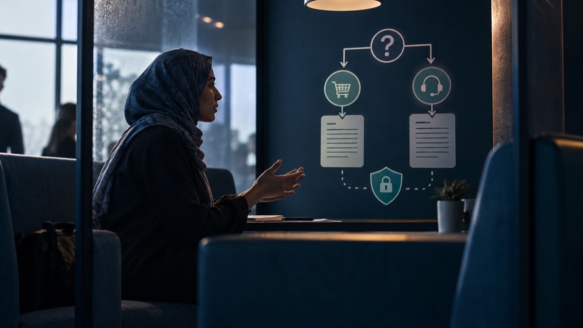 A woman presenting a process diagram in a classroom.